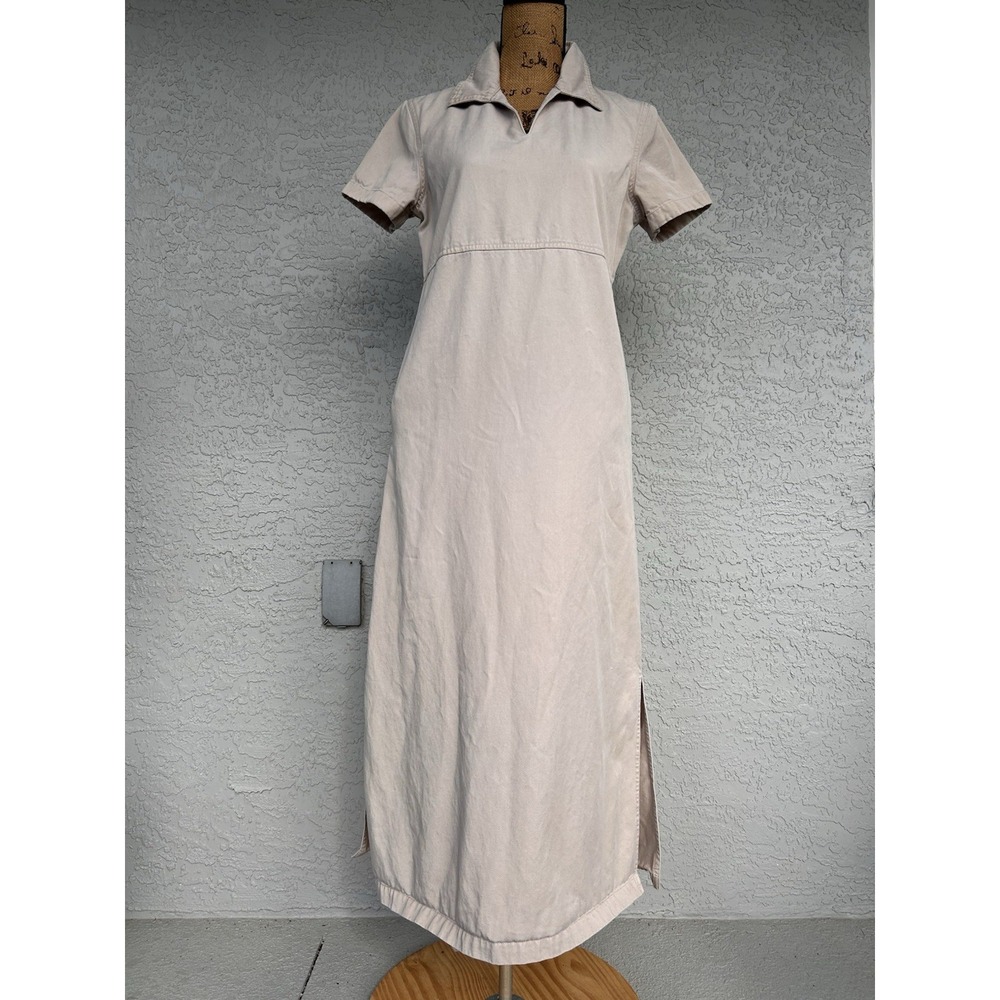 Susan Bristol Maxi Dress Khaki Denim Small Shift Pockets Minimalist Neutral